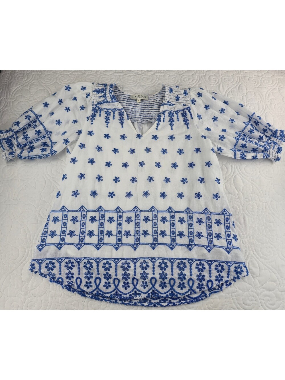 Hale Bob White Blue Floral Embroidered Tunic Blouse Size Medium